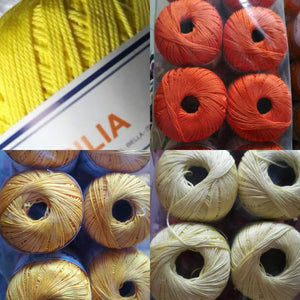Puro cotone Sicilia in mix di quattro colori: arancione, giallo limone, giallo senape e giallino. 4 gomitoli per colore. 50g per 125 m. 800g.