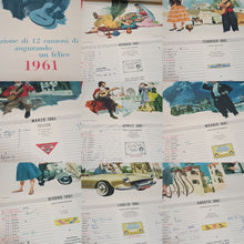 Carica l&#39;immagine nel visualizzatore di Gallery, Calendario vintage della Lana Gatto del 1961 con testi di 12 testi di canzoni di Sanremo. Calendario usato con appunti a penna . 100 g.
