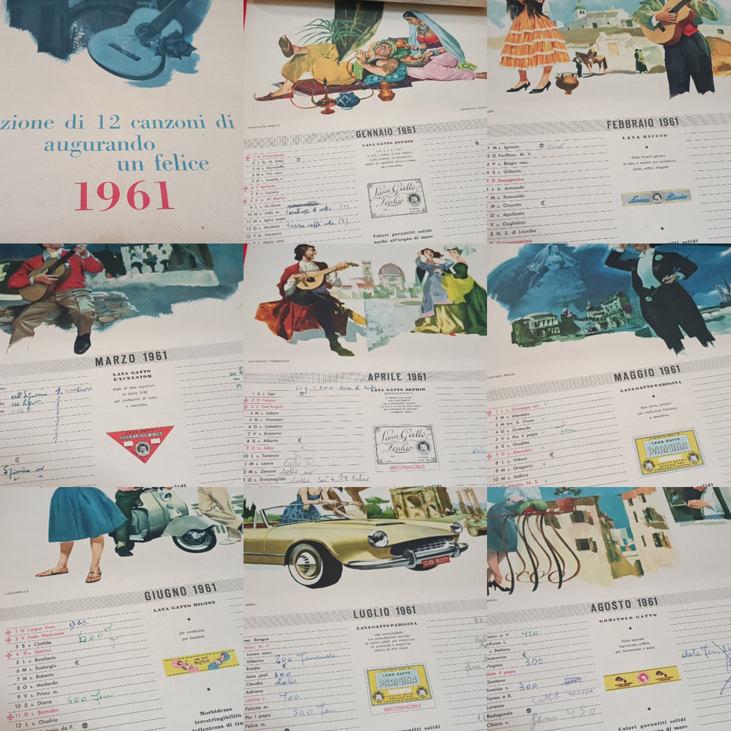 Calendario vintage della Lana Gatto del 1961 con testi di 12 testi di canzoni di Sanremo. Calendario usato con appunti a penna . 100 g.