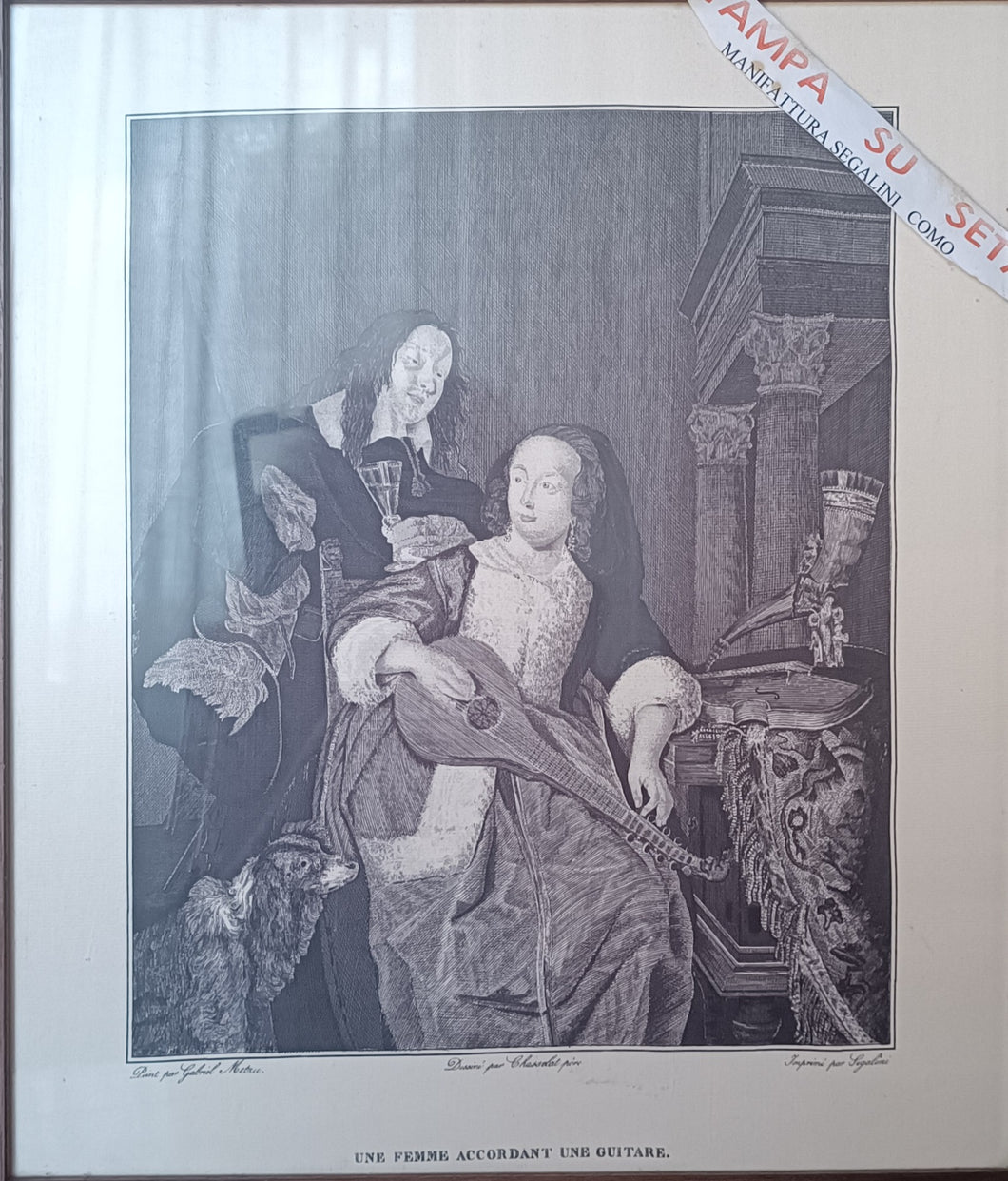 Stampa su seta Manifattura Segalini, incorniciata anni sessanta.  Misure cm 40 x cm 35. Cornice in legno con vetro. 800g.