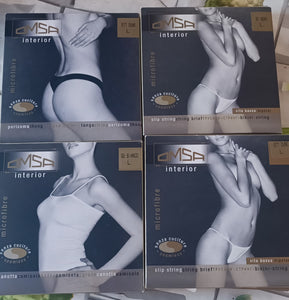 Mini stock di intimo donna OMSA in microfibra misura L composto da 3 slip string vita bassa senza cuciture(2 nudo e 1 nero), un perizoma thong nudoe canotta bianco. 500g.