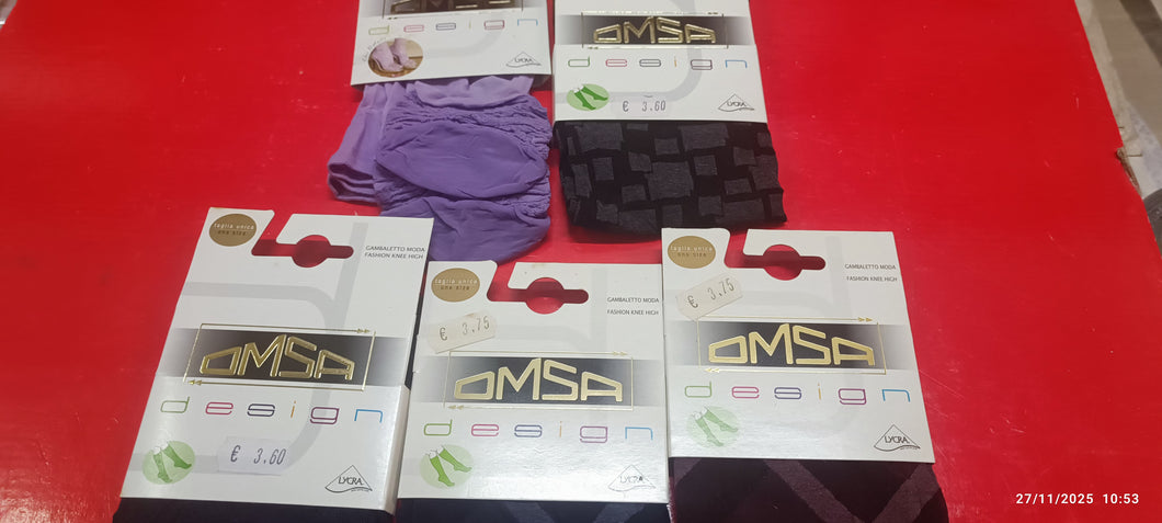 Cinque paia di gambaletti moda OMSA design, taglia unica, fantasie in foto. 150g.