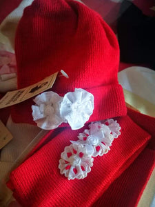 Cuffietta, paraorecchie e sciarpina neonato, rosso, misto lana 60%, prodotto italiano. 400g.