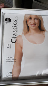 Maglia intima donna, lana e cotone, spalla larga, senza forma seno, colore bianco e nero (5053) Samma. 150 g.